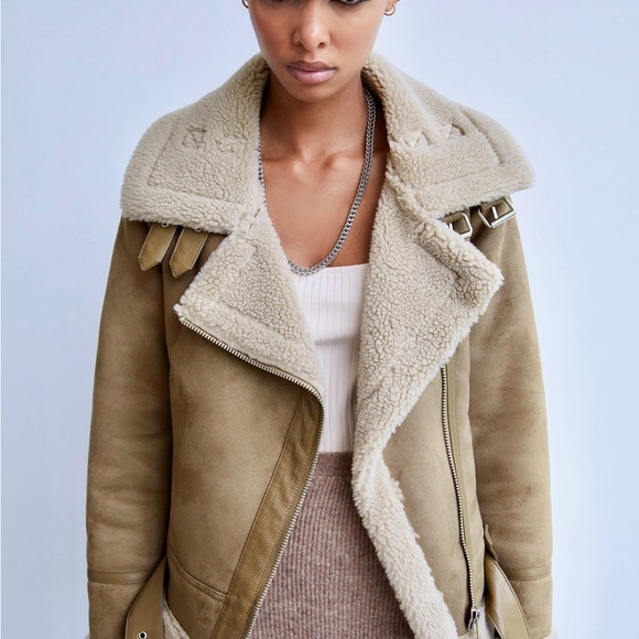 Zara Tan Teddy Jacket with Shearling Collar - Picture 10 of 12